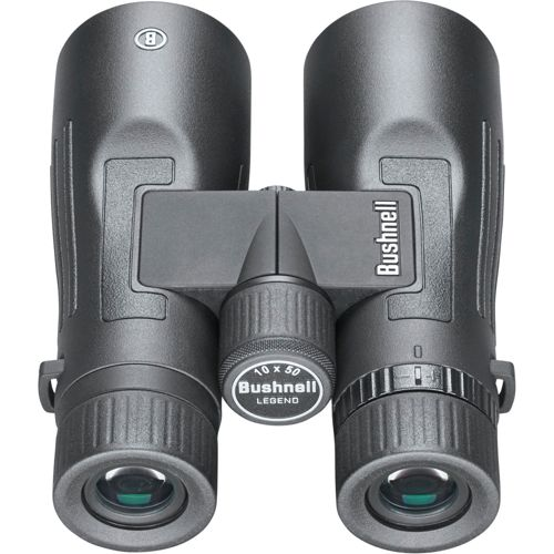 Binocolo Bushnell grigio con ingrandimento 10x50 su sfondo bianco.