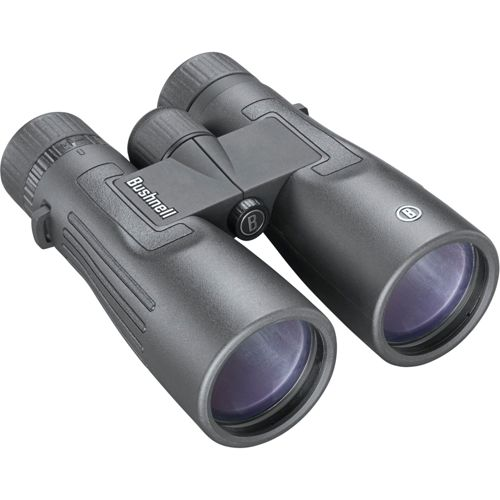 Binocolo Bushnell grigio con rotella di messa a fuoco e copriobiettivi.