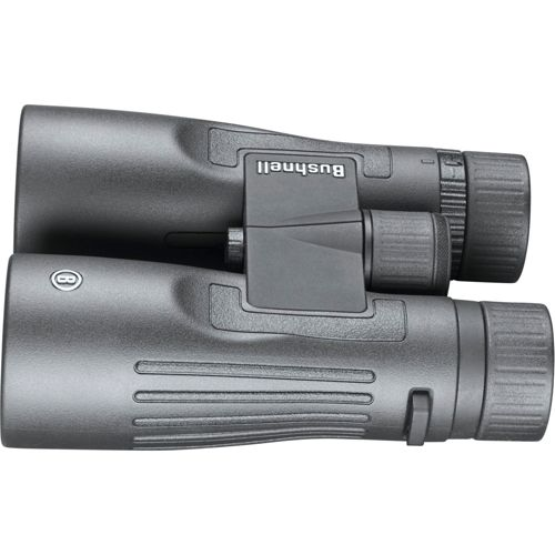 Binocolo Bushnell grigio con cerniera centrale e rotella di messa a fuoco.
