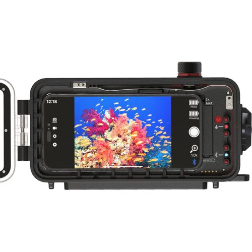 Unterwassergehäuse mit Smartphone-Display zeigt Korallen und Fische.