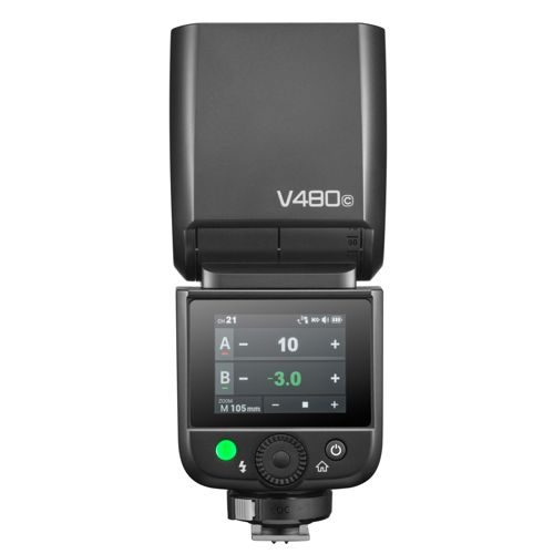Un flash de caméra noir avec écran numérique. V480c.