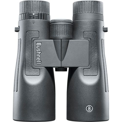 Un binocolo nero marca Bushnell con rotella di messa a fuoco argentata e impugnature testurizzate.