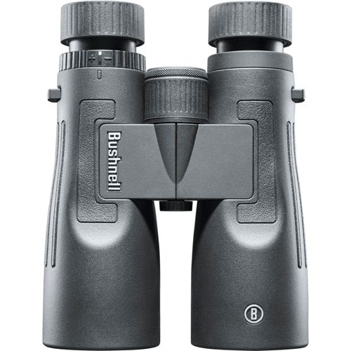Binocolo Bushnell grigio con rotelle di messa a fuoco e una fascia centrale.
