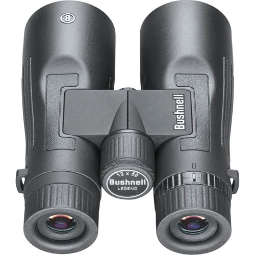 Binocolo Bushnell grigio con ingrandimento 12x50 su sfondo bianco.