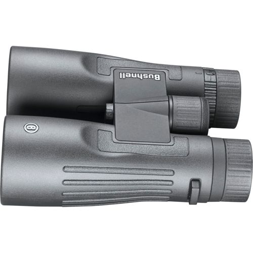 Binocolo Bushnell grigio con banda nera e rotella di messa a fuoco.