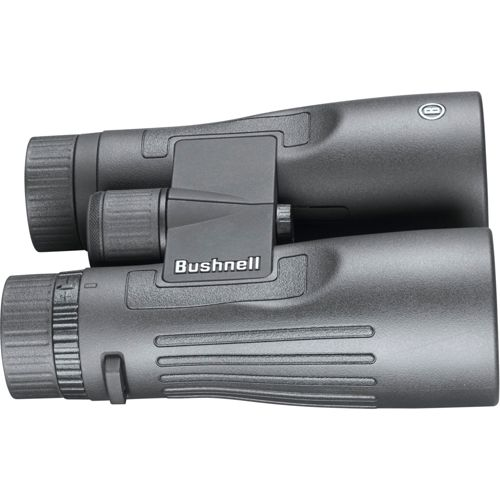 Binocolo grigio Bushnell con rotella di messa a fuoco e copriobiettivi.