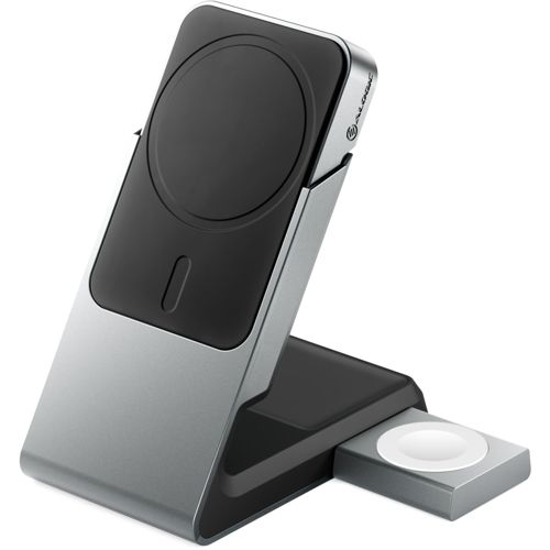 Caricabatterie grigio con superficie di ricarica nera per telefono e orologio.