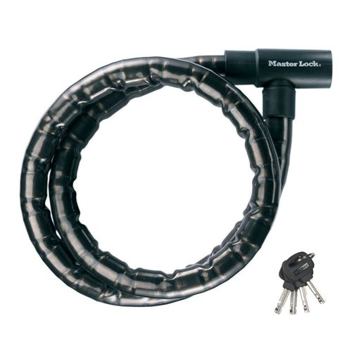 Lucchetto nero per bicicletta con catena in metallo e tre chiavi.