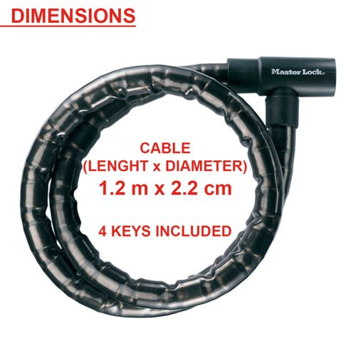 Lucchetto da cavo Master Lock nero, 1,2m x 2,2cm, include 4 chiavi.