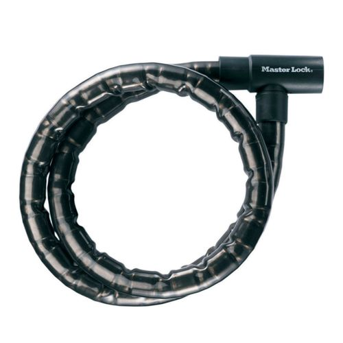 Un lucchetto per bici nero a catena flessibile con logo Master Lock.