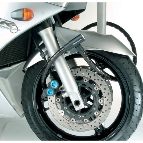Disco freno moto con lucchetto e forcella. Moto argento.