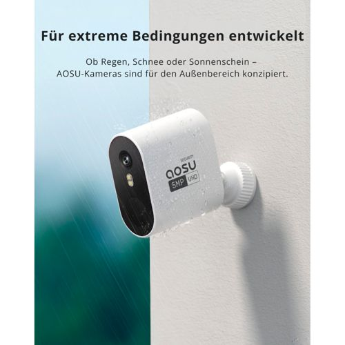 White AOSU security camera designed for extreme conditions, mounted on a wall.