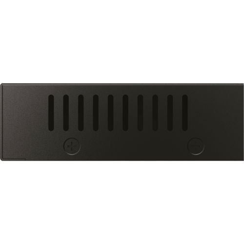 Zwart elektronisch apparaat met ventilatieopeningen en ronde knoppen aan de zijkant.