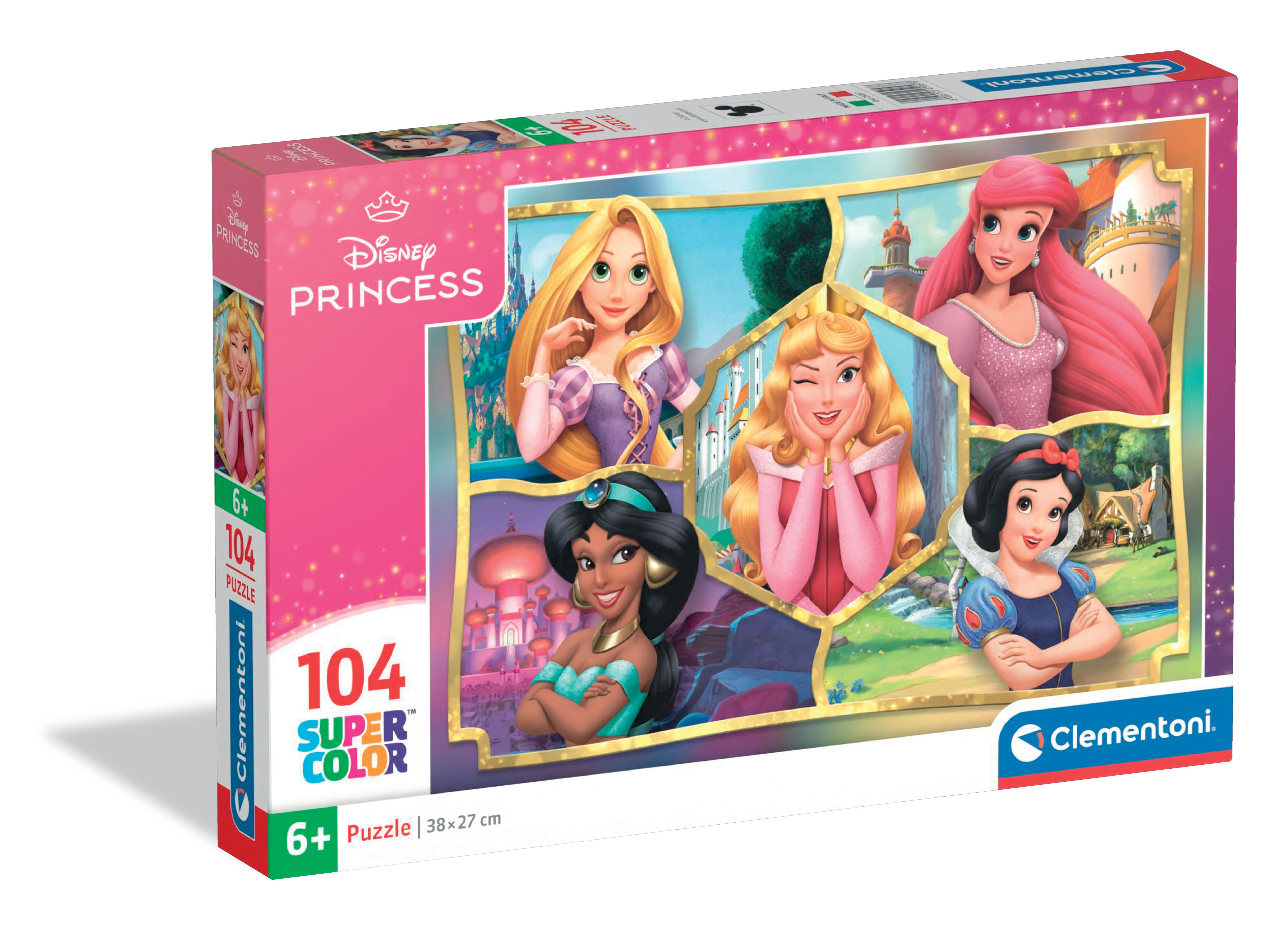 Caja de un puzzle de Disney Princesas de 104 piezas con Rapunzel, Ariel, Aurora, Jazmín y Blancanieves.