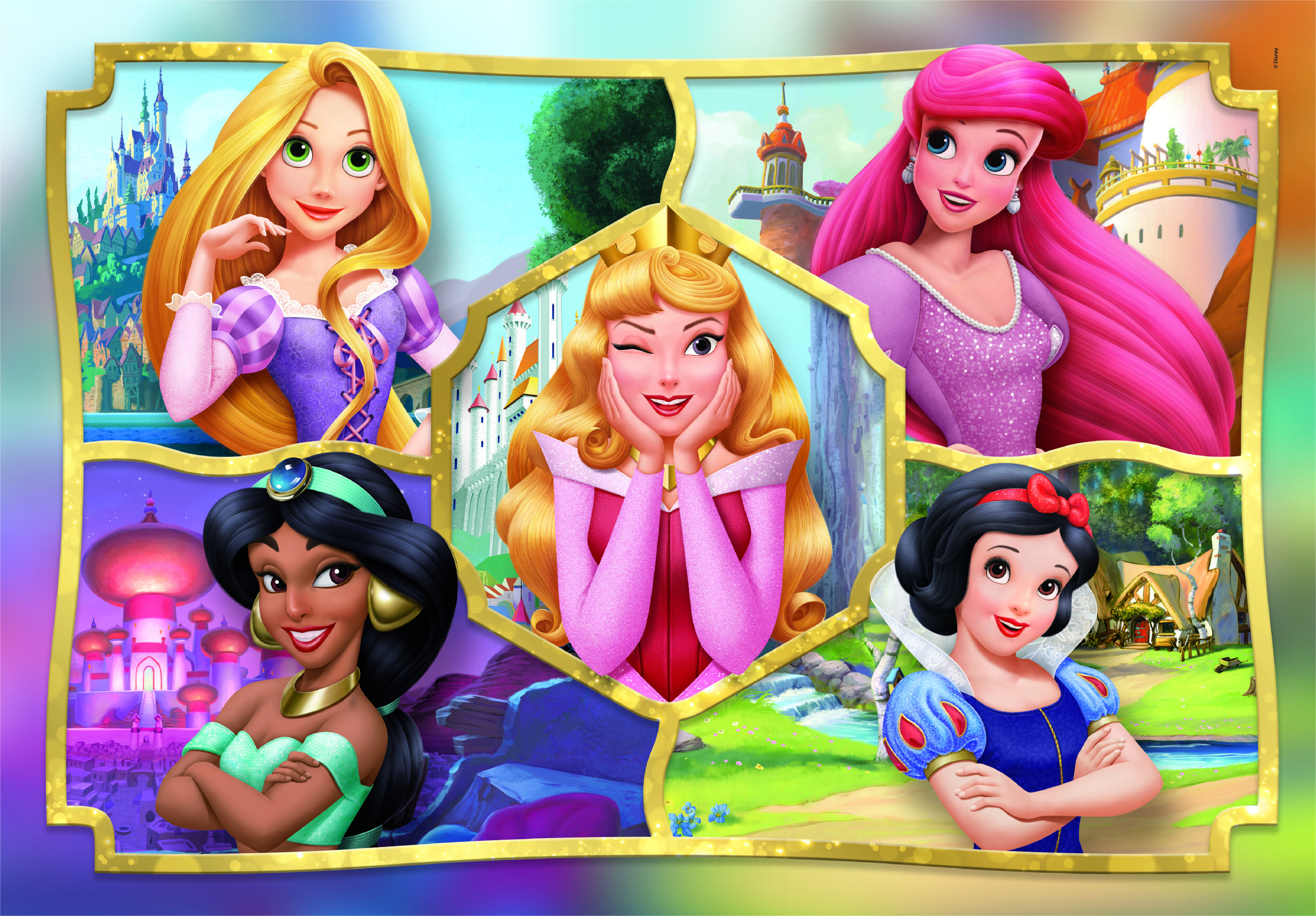 Cinco princesas de Disney en un marco dorado: Rapunzel, Aurora, Ariel, Jasmine y Blancanieves.