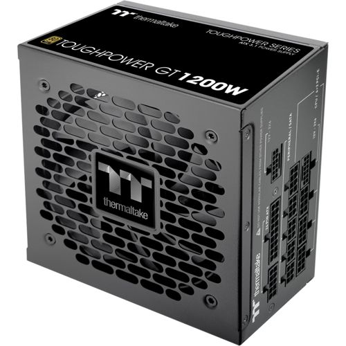 Zwarte Thermaltake voeding met ventilatorrooster en connectoren.