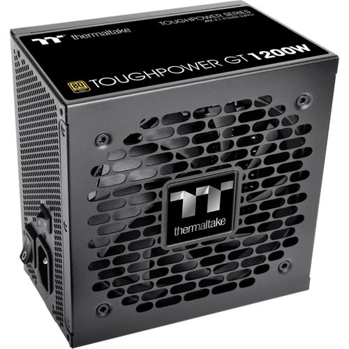 Zwarte computer voeding met ventilatorrooster en Thermaltake logo.