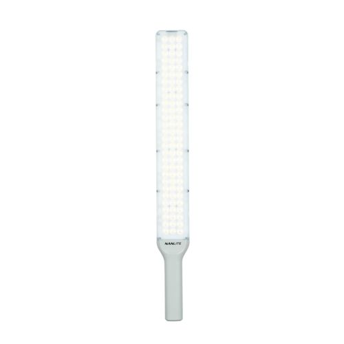 Une lumière LED blanche en bâton Nanlite avec de nombreuses petites lumières sur fond blanc.