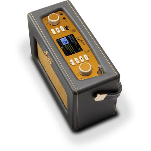 Graues Retro-Radio mit goldener Blende, Display und Bedienelementen.