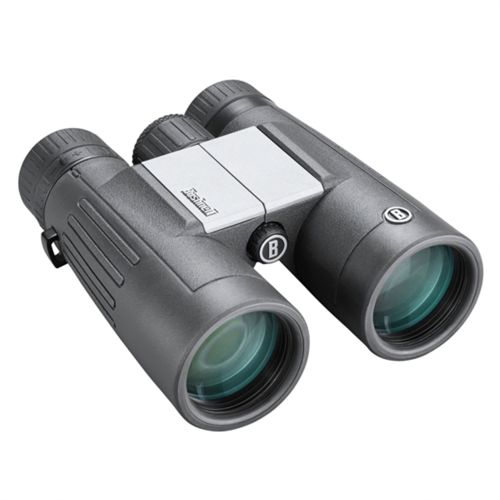 Binocolo grigio con striscia bianca e logo Bushnell, primo piano.