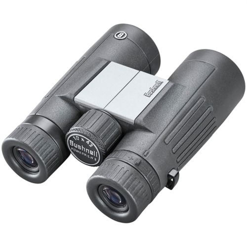 Binocolo Bushnell grigio con fascia argentata e rotella di messa a fuoco centrale.