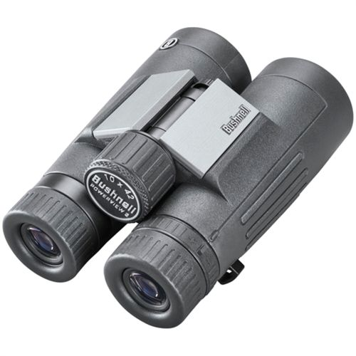 Binocolo Bushnell grigio con rotella di messa a fuoco e tappi.