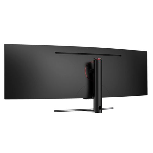 Vista trasera de un monitor curvo negro con acento rojo en su soporte.