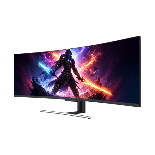 Un monitor curvo muestra un guerrero de fantasía con espadas brillantes contra un fondo cósmico.