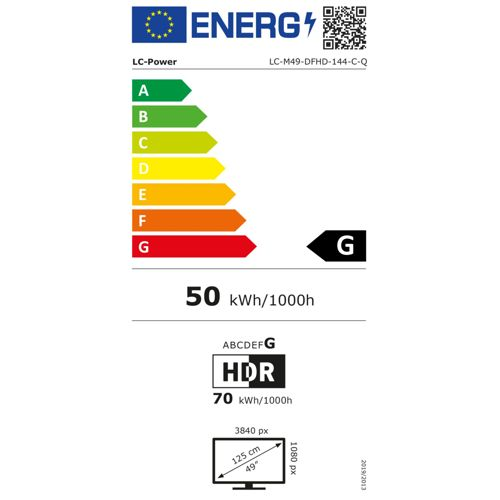 Etiqueta energética con escala A-G, 50 kWh/1000h, HDR, 70 kWh/1000h, pantalla de 49 pulgadas.