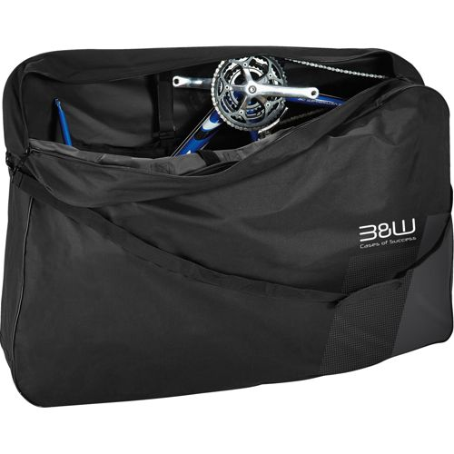 Ein schwarzer Fahrradkoffer mit einem Fahrradrahmen und Kurbelgarnitur im Inneren.