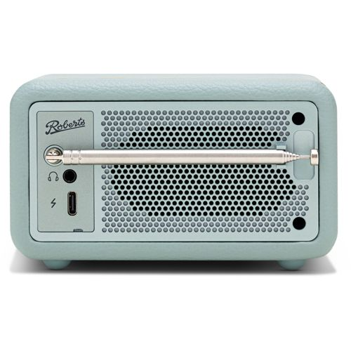Una radio azzurra con antenna estensibile, jack per cuffie e porta USB.