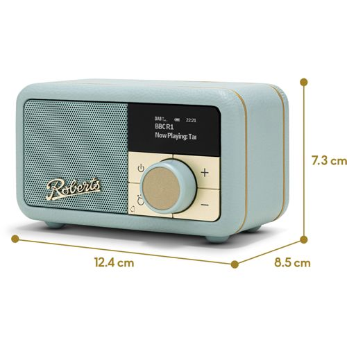 Una radio retrò azzurra con quadrante dorato e display nero.