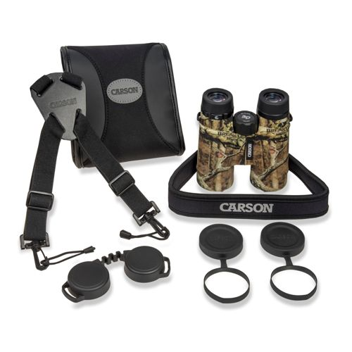 Binocolo mimetico con custodia, tracolla e copriobiettivi.