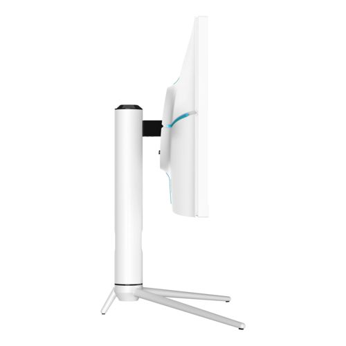 Ein weißer Computermonitor mit blau akzentuiertem Rahmen, seitliche Ansicht.