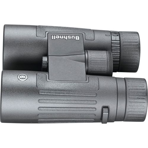 Binocolo Bushnell grigio con rotelle di messa a fuoco zigrinate e cerniera centrale.