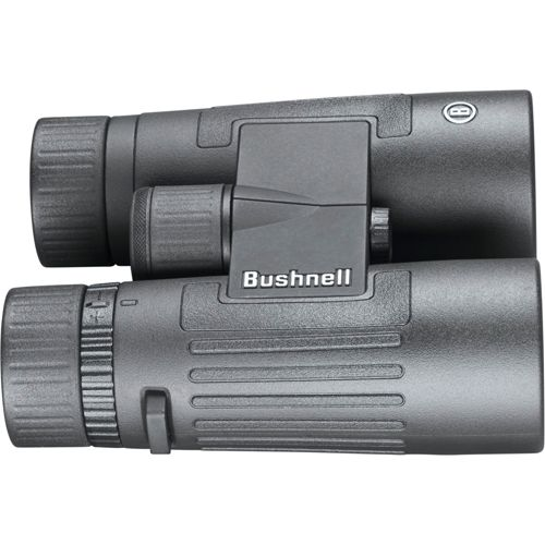 Binocolo Bushnell nero con impugnatura testurizzata e rotella di messa a fuoco centrale.