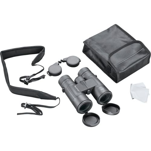 Binocolo nero con accessori: custodia, cinghia, copriobiettivi e panno.