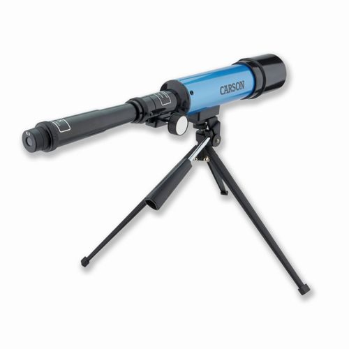 Ein blauer und schwarzer Teleskop auf einem schwarzen Stativ.