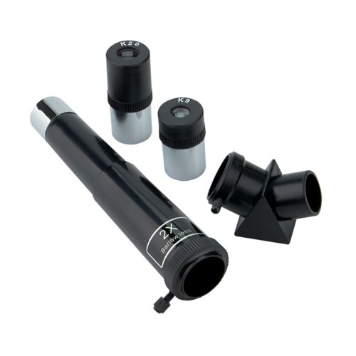 Ein schwarzes Teleskop-Zubehör-Set mit Okularen und einem Barlow-Objektiv.