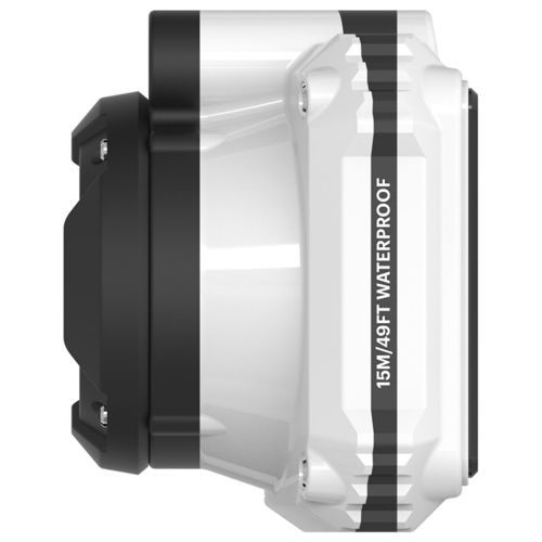 Una caja impermeable blanca y negra con la etiqueta 15M/49FT WATERPROOF.