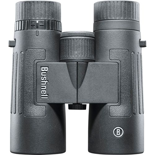 Binocolo Bushnell grigio con rotella di messa a fuoco e copriobiettivi.