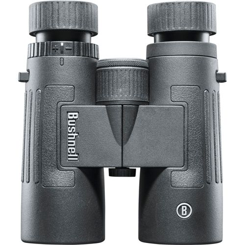 Binocolo grigio Bushnell con rotella di messa a fuoco e tappi.