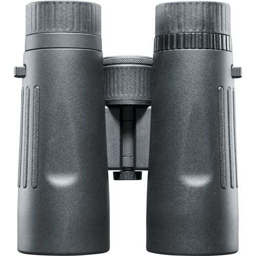 Binocolo grigio con oculari zigrinati e rotella di messa a fuoco.