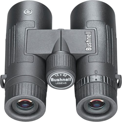 Binocolo Bushnell Legend nero con ingrandimento 10x42, ghiera di messa a fuoco e lenti obiettive.