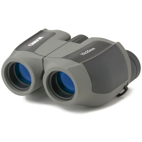 Binocolo Carson grigio e nero 10x25mm con lenti blu su sfondo bianco.