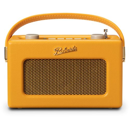 Radio jaune style valise avec poignée et grille dorée.