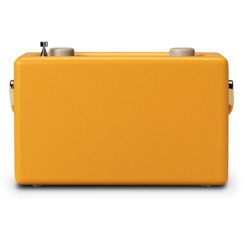 Une radio rétro jaune avec une antenne et des boutons.
