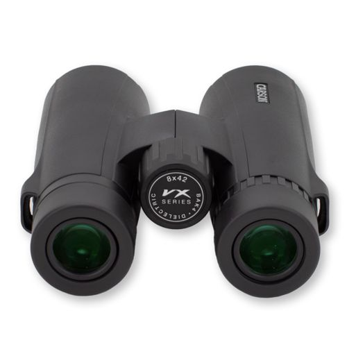 Binocolo nero con lenti verdi, testo "CARSON VX SERIES".