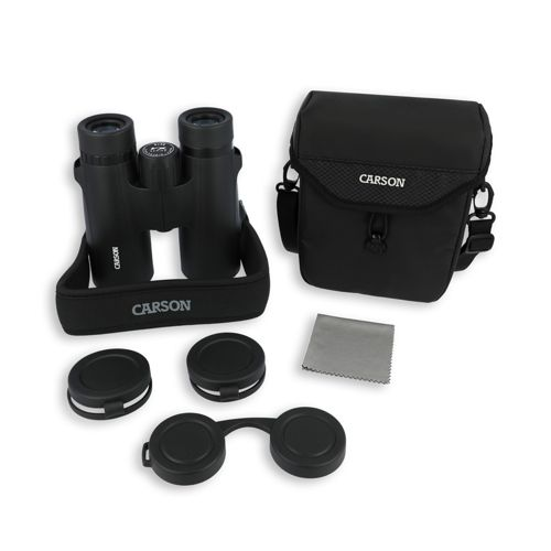 Binocolo nero con custodia, tappi copriobiettivo e panno.