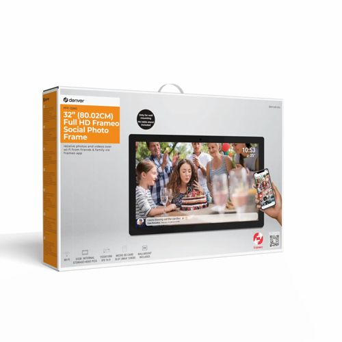 Scatola Denver 32" Full HD Frameo Social Photo Frame con immagine di famiglia che festeggia.